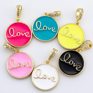 1 pc Dainty Love Enamel Pendant- 18k Gold  CZ Love Charm, Micro Pave Charm- 15mm- 1 per order