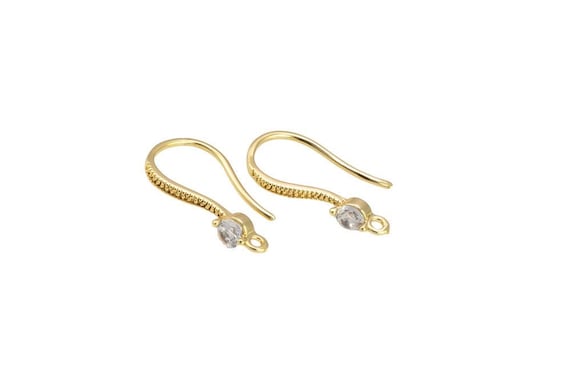 18kt Gold Earring Hook Wire CZ Earring, Dainty Hoops, Gold Ear