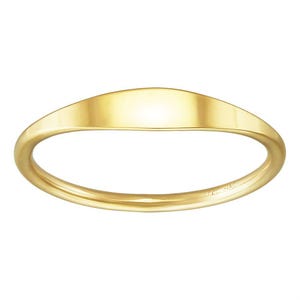 May include: A simple gold band ring with a slightly curved top. The ring is smooth and polished.