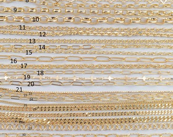 May include: A variety of gold chain styles, numbered 1 through 39, displayed on a white background. The chains are arranged in rows, with each row featuring a different chain style.