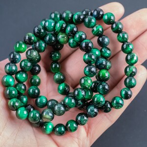 Green Tiger's Eye Bracelet Round Size 6mm and 8mm Handmade In USA Natural Gemstone Crystal Bracelets Handmade Jewelry approx. 7 image 3