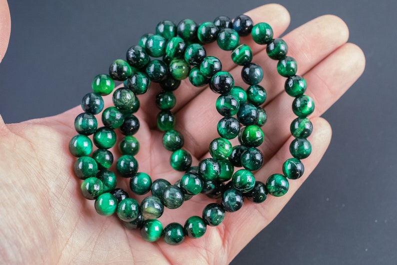 Green Tiger's Eye Bracelet Round Size 6mm and 8mm Handmade In USA Natural Gemstone Crystal Bracelets Handmade Jewelry approx. 7 image 3