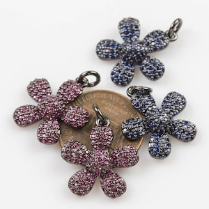 Flower CZ Pave Pendant- Gunmetal Sapphire and Ruby CZ -16mm