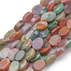 May include: A strand of oval-shaped, multi-colored agate beads. The beads are a mix of red, green, brown, and purple.