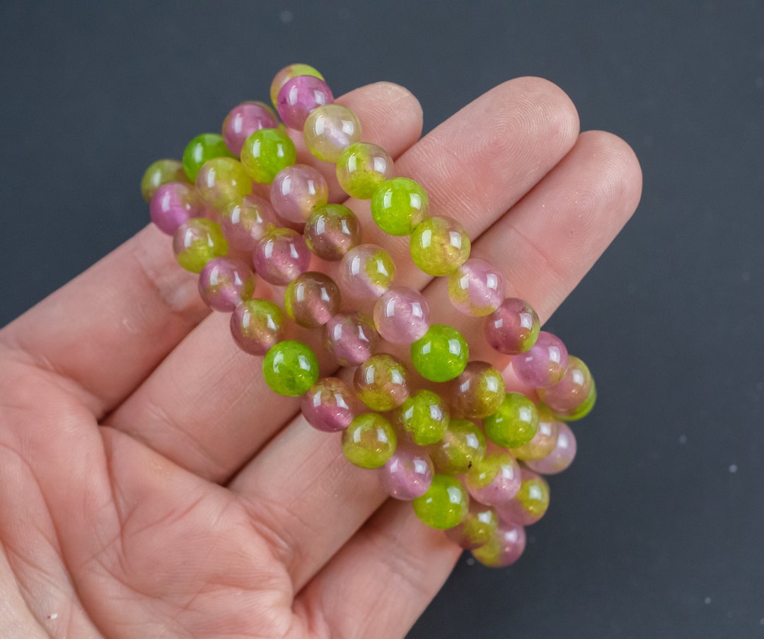 Watermelon Jade Bracelet Round Size 6mm and 8mm Handmade in USA Natural Gemstone Crystal