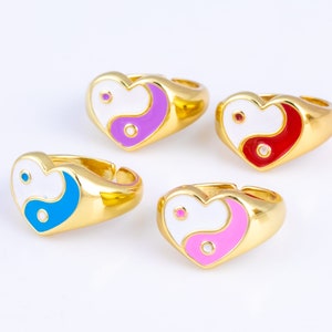 1 pc Gold Enamel Heart Yin Yang Ring, Adjustable Ring, Minimalist Cz Ring, Micro Pave Ring, Gold Open Ring, Dainty Jewelry