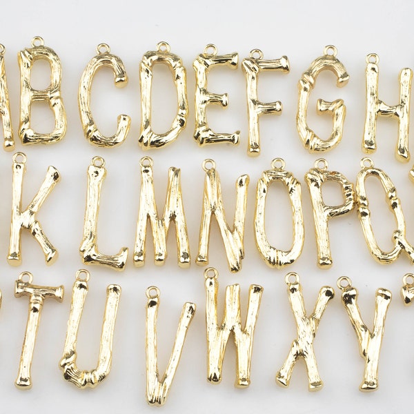 1 pc Bamboo Letters Alphabet Initial- Letter Bamboo charms Brass pendant - Real Gold Plating