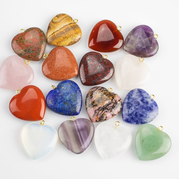 Gemstone Heart Hearts Charm Healing Stone Size appr 25mm / 1" x 1" - Natural Gemstone Hearts Carnelian Rose Quartz Opalite Green Aventurine