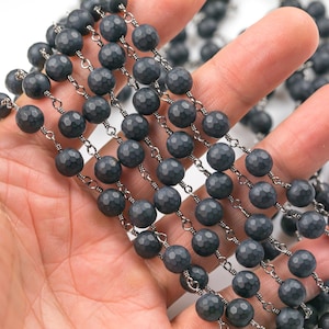 Gorgeous Matte Faceted BLACK ONYX Rosary Chain--8mm Gunmetal or Gold by the foot