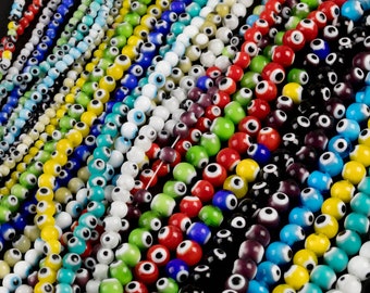 Evil Eye Beads Round Glass Crystal 4mm 6mm 8mm All Colors Available 15-16"