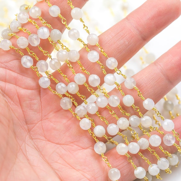 Gold White Moonstone Rosary Chain by the Foot. 4mm and  6mm and 8mm Faceted Round