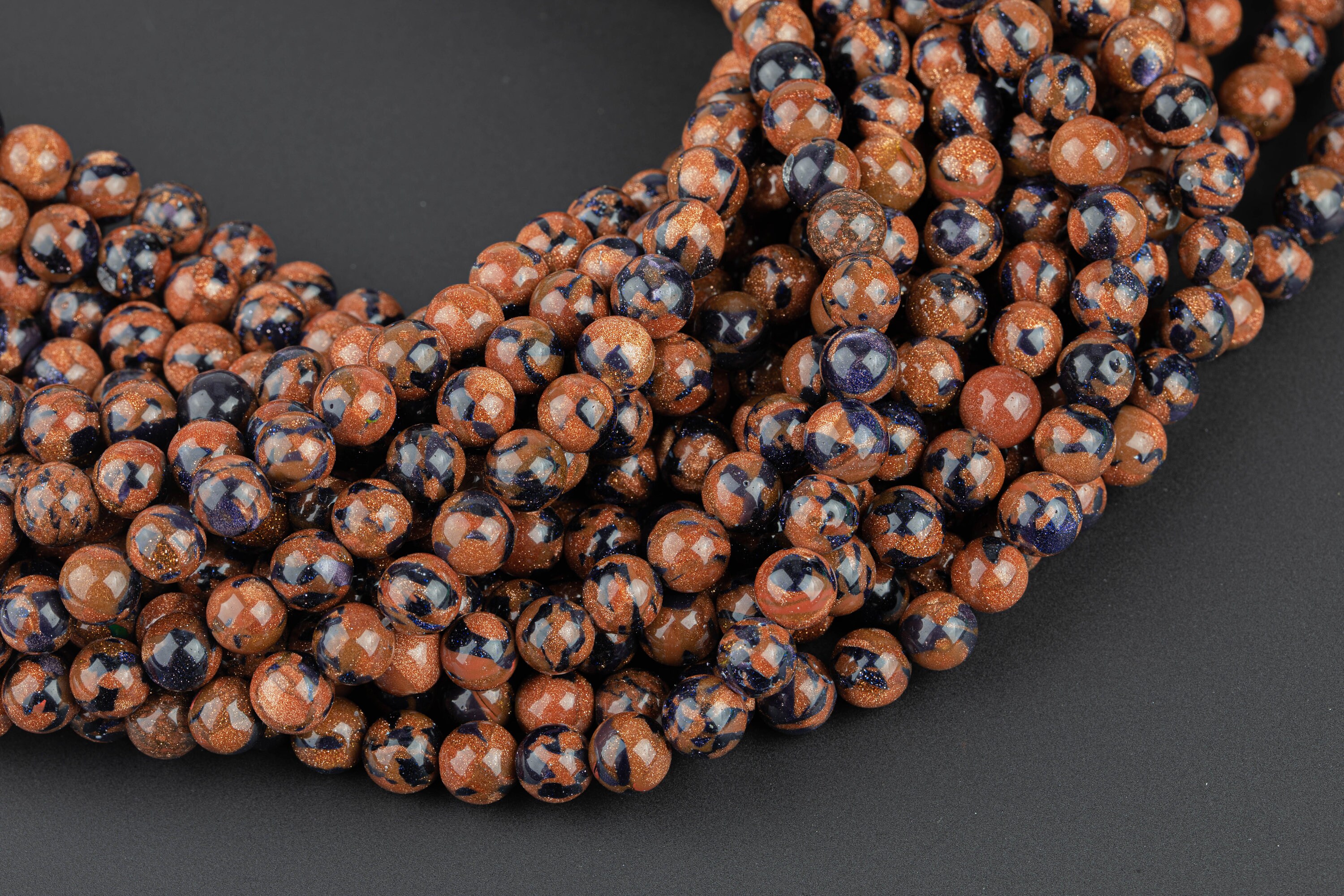 Natural Multi Goldstone Sandstone Round Beads. Full 15.5