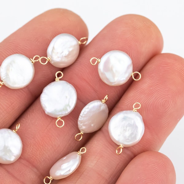 USA Gold Filled Natural Coin Pearl Connector Handmade Approx. 8-9mm. Made with Natural Freshwater Pearl and Connector or Charm