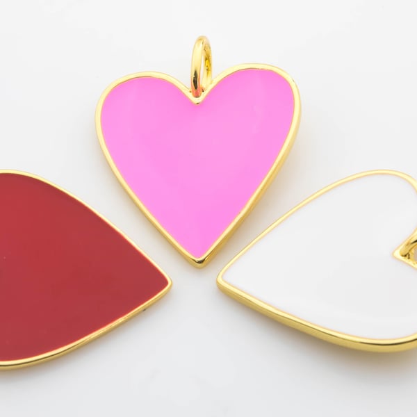 1-2 pcs Or 18 ct coeur rouge émaillé - Tailles assorties - Grande taille de bélière