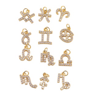 Add on Small Cz Zodiac Charms- Gold Plated over Brass Astrological Zodiac Signs Symbols, Birthday Personalized Horoscope Charm