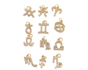 Add on Small Cz Zodiac Charms- Gold Plated over Brass Astrological Zodiac Signs Symbols, Birthday Personalized Horoscope Charm