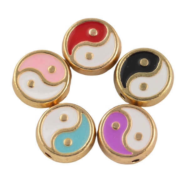 8mm Enamel Yin Yang Beads, Double Sided Charms, Yin Yang Spacer Bead, Flat Round Bead, Bracelet Charm