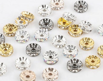 RHINESTONE SPACERS Spacer -- Sizes: 4mm 5mm 6mm 8mm 10mm 12mm-- Roundel. Clear or ClearAB, Gold or Silver Plated. 100 pcs. AAA quality.