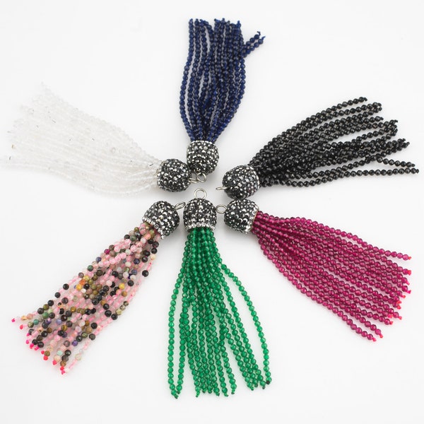 Natural Gemstone Tassels - With Pave Crystal Diamond Cap - 2.75 Inches Long