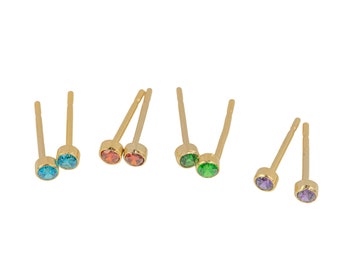 Minimalist Birthstone Earring- Gold Filled Stud Earring, 14k Gold Filled, Made in USA, Tiny Gold Earring- Sold in Pairs