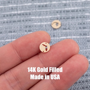 May include: Gold-filled charm featuring a cut-out of Florida. The round charm has two small holes. Text reads "14K Gold Filled Made in USA" in white.