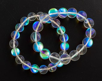 Mystic Aura Quartz Bracelet Round Size 6mm and 8mm - Handmade In USA - Gemstone Crystal Bracelets - Handmade Jewelry - approx. 7"