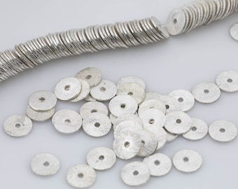 Brushed Silver flat disc beads spacers - Brushed Disk heishi rondelle spacers beads Silver plated jewelry making 8 Inch Strand!