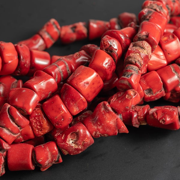 Bamboo Red Coral Natural Barrel Shaped Beads. Large Size- about 12-15mm -15.5 inch strand Gemstone Beads- Nigerian Wedding Beads