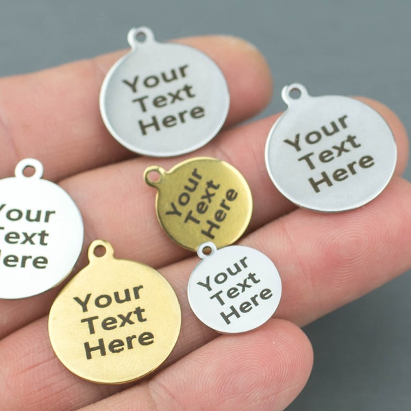 Custom Laser Charms Stainless Steel Personalized Charms - Your Text Here - Laser Engraved Silver Gold Polished-50 Fonts-Bulk Price-14mm 20mm