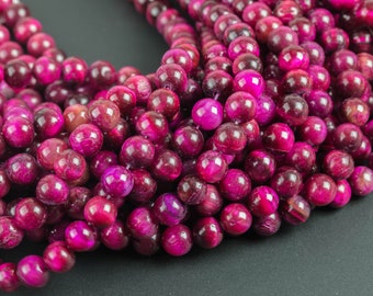 Lot De 22 Perles œil De Tigre Rose Fuchsia Foncé 10 Mm - Trou 1 Mm, Neuf, Sans Marque