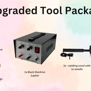 May include: Upgraded jewelry welding tool package with a black welding machine, a welding wand with a needle, a pair of pliers, practice jump rings, and welding glasses.  The package also includes light training and marketing materials.