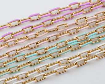 18K Gold Plated and Enamel Plated Copper Chunky Thick Colorful Oval Link Chain By The Foot Summer Jewelry Making/Designs- 7x11mm 10x13mm
