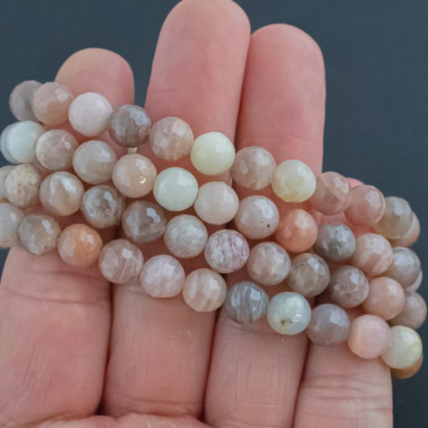 Moonstone Bracelet Faceted Round Size 6mm and 8mm Handmade In USA Natural Gemstone Crystal Bracelets Handmade Jewelry - approx. 7"