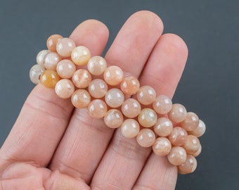 Natural Pink Moonstone Smooth Round Size 6mm and 8mm- Handmade In USA- approx. 7" Bracelet Crystal Bracelet