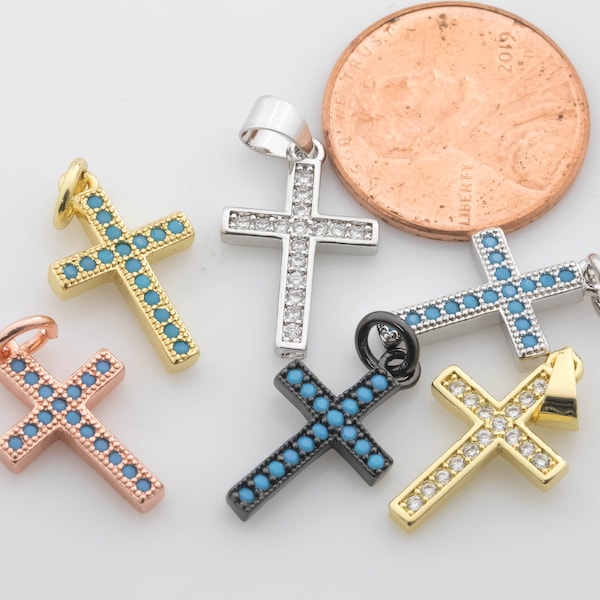 2 Small Crosses with Turquoise CZ Charms / Pendant - Gold Silver Gunmetal Rose Gold 10x15mm 2 pieces