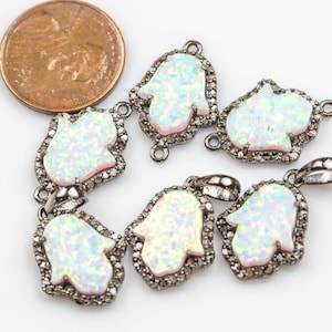 Pave REAL DIAMOND set in sterling silver-- Diamond Opal Hamsa Hand Connector or Charm