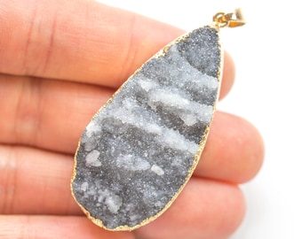 Gray Natural Quartz Druzy Wrapped in Gold Teardrop Pendant