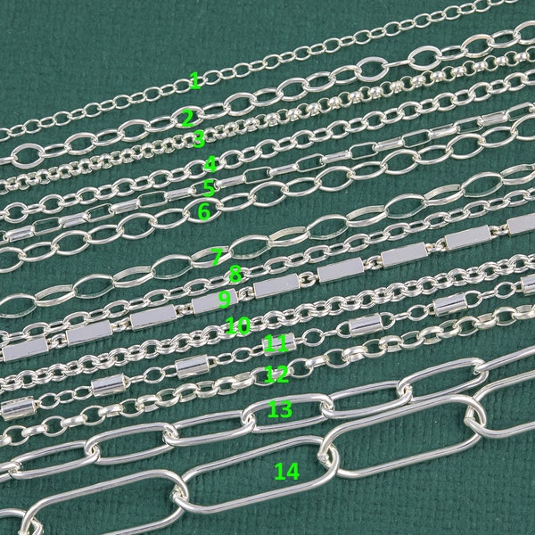 Kette aus Sterlingsilber, hergestellt in den USA, Büroklammerketten, Satellitenbarren, Kabel, Rolo, oval, kubanischer italienischer Figaro für dauerhaften Schmuck, hergestellt in den USA, 925 SS