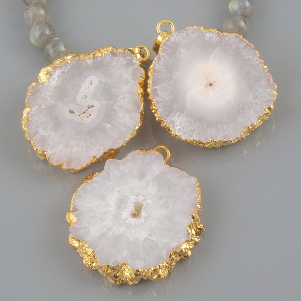 Solar Quartz Slice Druzy Crystal Edged in 24k Electroplated Gold Pendant and connector. 30mm to 36mm