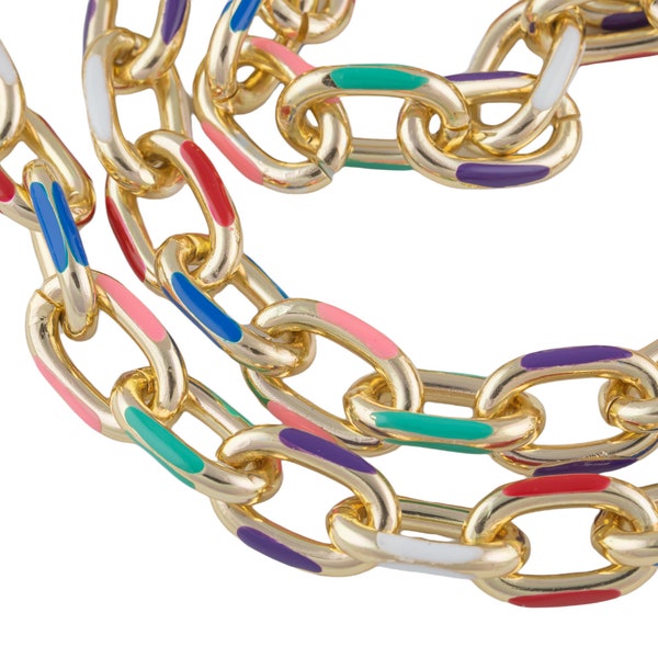 18K Gold Plated and Enamel Plated Copper Chunky Thick Colorful Oval Link Chain By The Foot Summer Jewelry Making/Designs