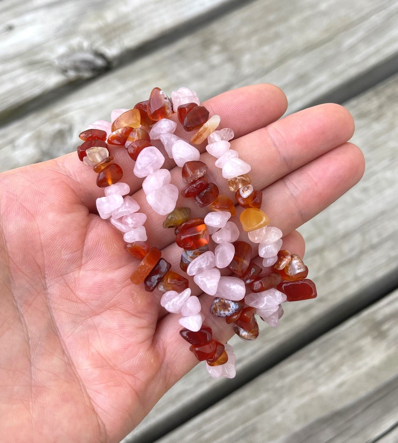 Rose Quartz and Carnelian Chip Bracelet Stretchy String Bracelet Natural Gemstone Bracelets Pre-charged Handmade Jewelry 