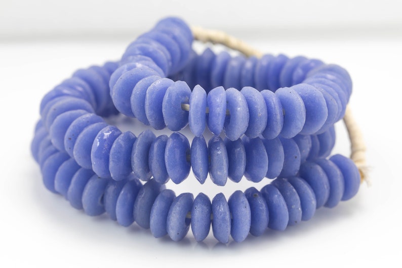 Chalcedony Blue Ashanti Glass Saucer Beads Approx 134 beads 14mm Made in Ghana Africa Ashanti Glass Beads Handmade Ghanaian Trade Beads