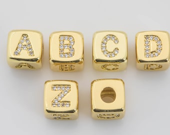 Initial Letter Square Cube Beads 18 kt Gold  - Cube Square Large Hole Beads Alphabet Letters - 9mm