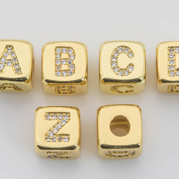 Initial Letter Square Cube Beads 18 kt Gold  - Cube Square Large Hole Beads Alphabet Letters - 9mm