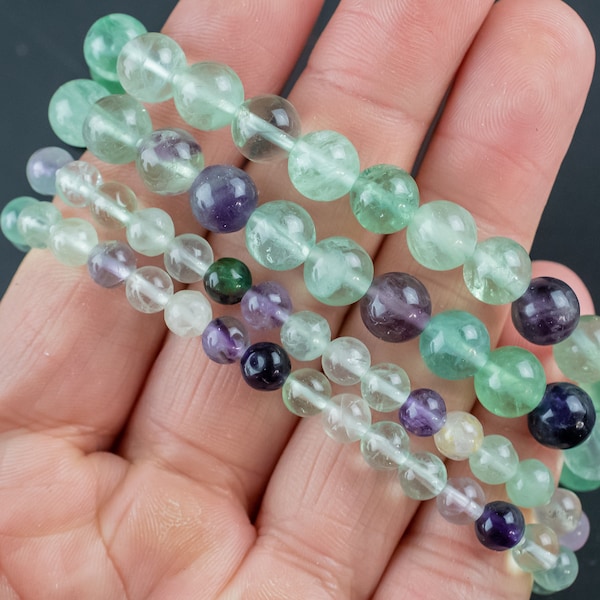 Natural Rainbow Flourite Round Size 6mm and 8mm- Handmade In USA- approx. 7" Bracelet Crystal Bracelet