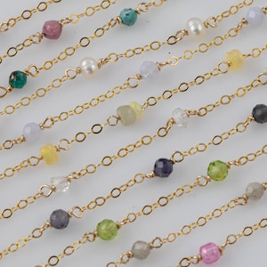 Gold filled Gemstone Cable Satellite Chain Permanent Jewelry and gemstones- 16mm spacing 2-4mm stone Chain Made in House- 7 inches per order