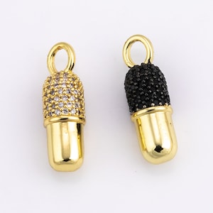 1 pc- Black CZ 14K Gold  Pill Bar Charm CZ Love Pill Pendant for Bracelet Necklace Earring Component Supply 7x22mm- large bail