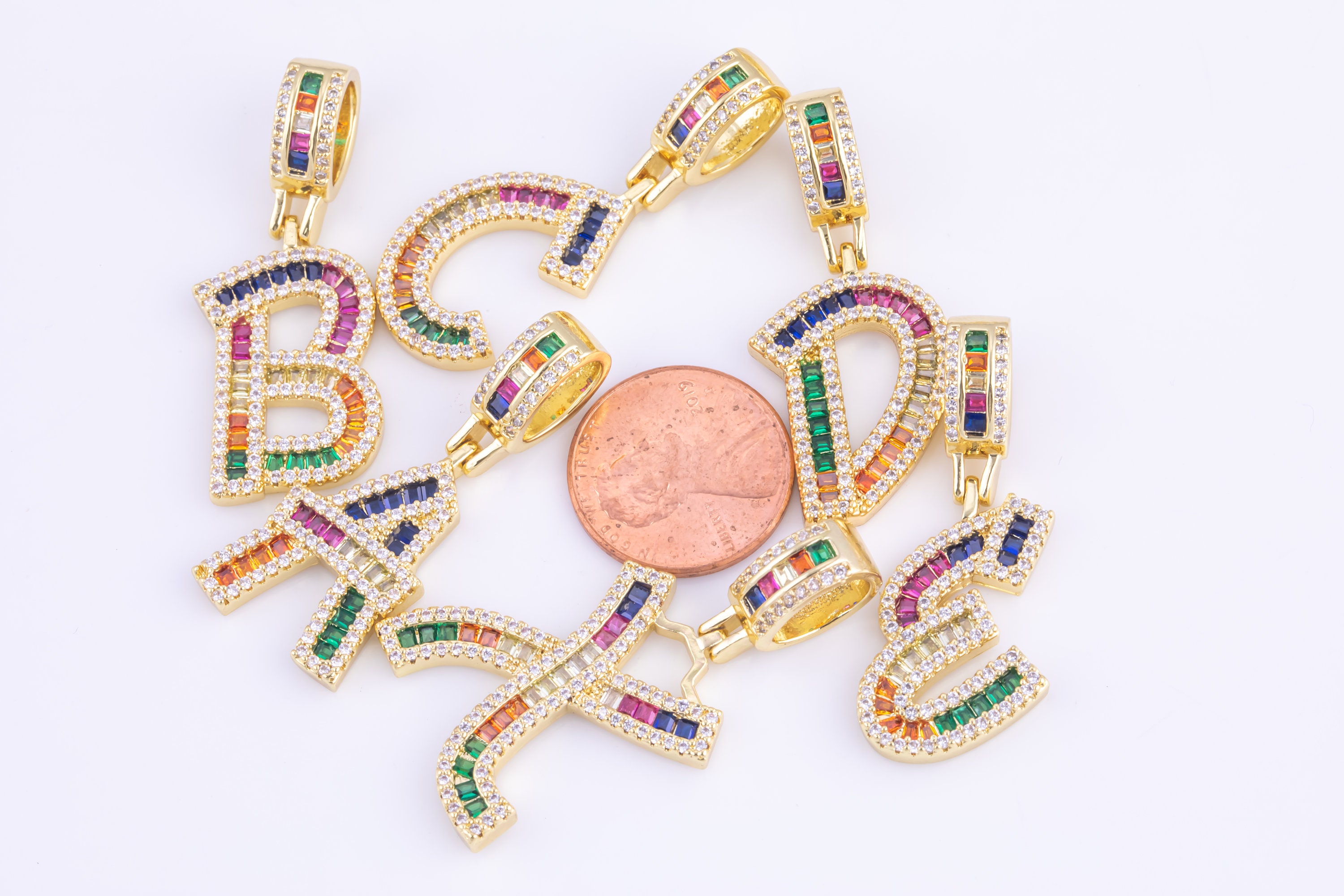 14k Gold Large Letter Charm Multi Color CZ Cubic A - Z Alphabet Letter ...