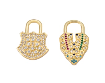 1 ciondolo a forma di lucchetto in oro 18 carati con pavé di zirconi, ciondolo a forma di cuore con lucchetto, ciondolo per collana o orecchini, pavé di zirconi. Dimensioni medie: 16 x 25 mm.