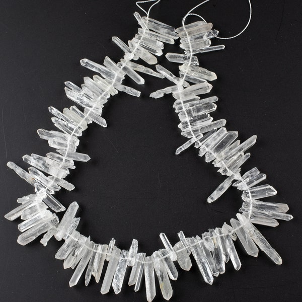 Natural Raw Rock Crystal Quartz Beads Long Slender Points Spikes Top Side Drilled Freeform Clear White Quartz 15.5" Strand